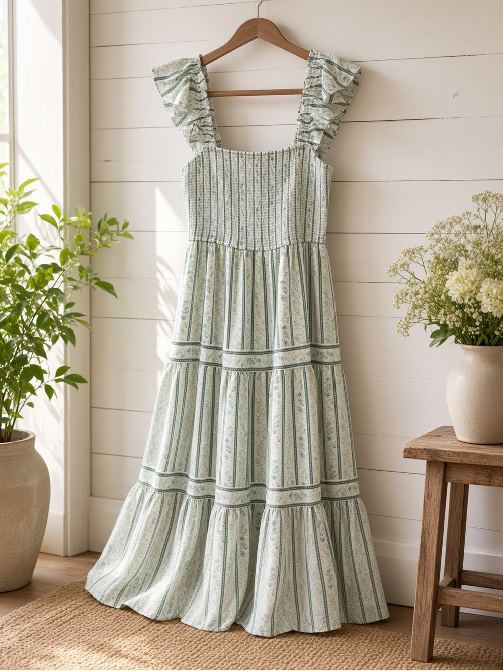 Stripe Floral Pattern Smocked Tiered Midi Dress Last One Size Large